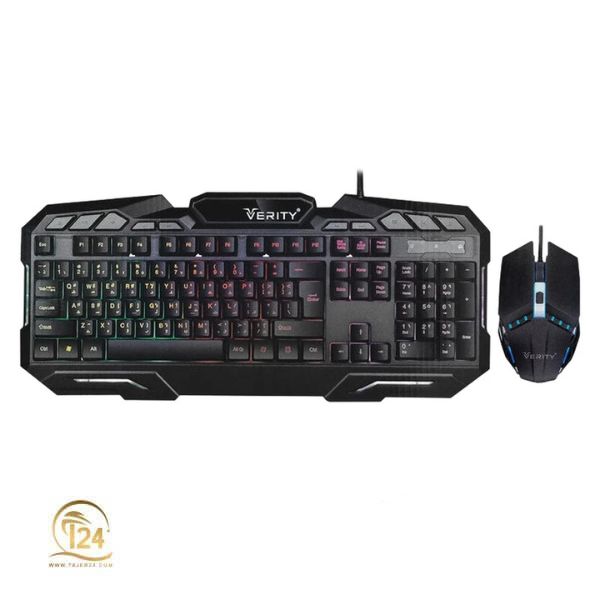 نمایش کیبورد با 114 کلید و حروف فارسی، همراه با ماوس ارگونومیک در رنگ مشکی.